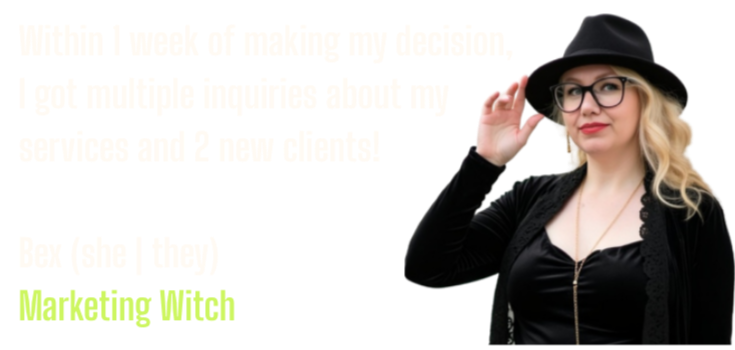 Marketing Witch Bex summons clients with SEO spells in her all black ensemble and witchy hat